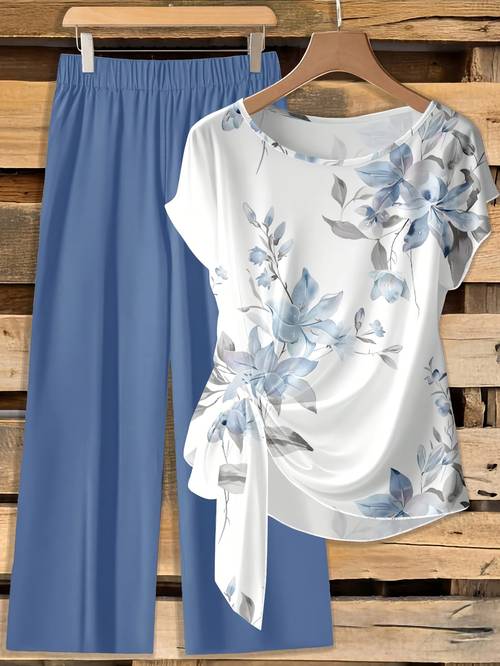 womens bow tie blouse and loose straight pants 2pcs set