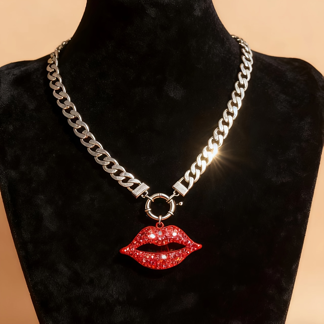 Image of 1pc Party Date Essential Red Lips Pendant Necklace, Luxury Red Rhinestone Inlaid Necklace
