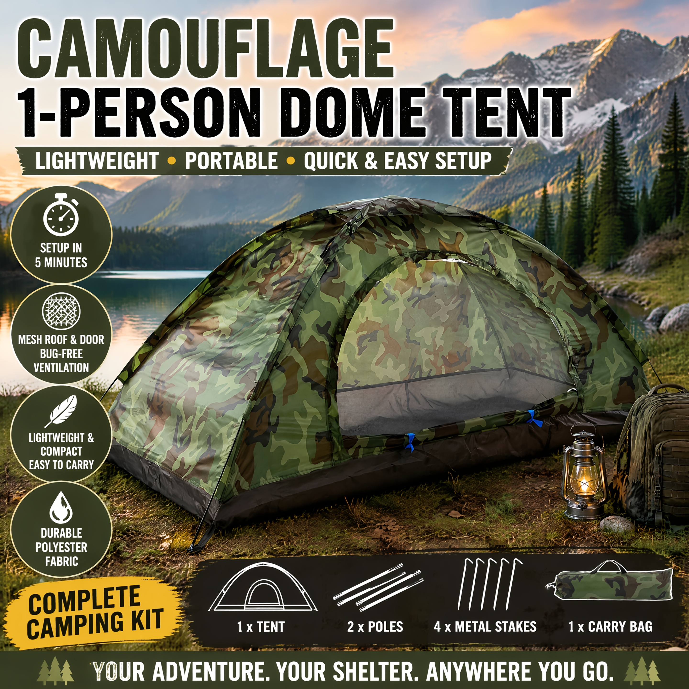 Image of 180x90cm Lightweight 1-person Camping Tent - Compact Hiking Shelter With Mesh Ventilation, Woodland Pattern, Foldable & Weather-resistant Design