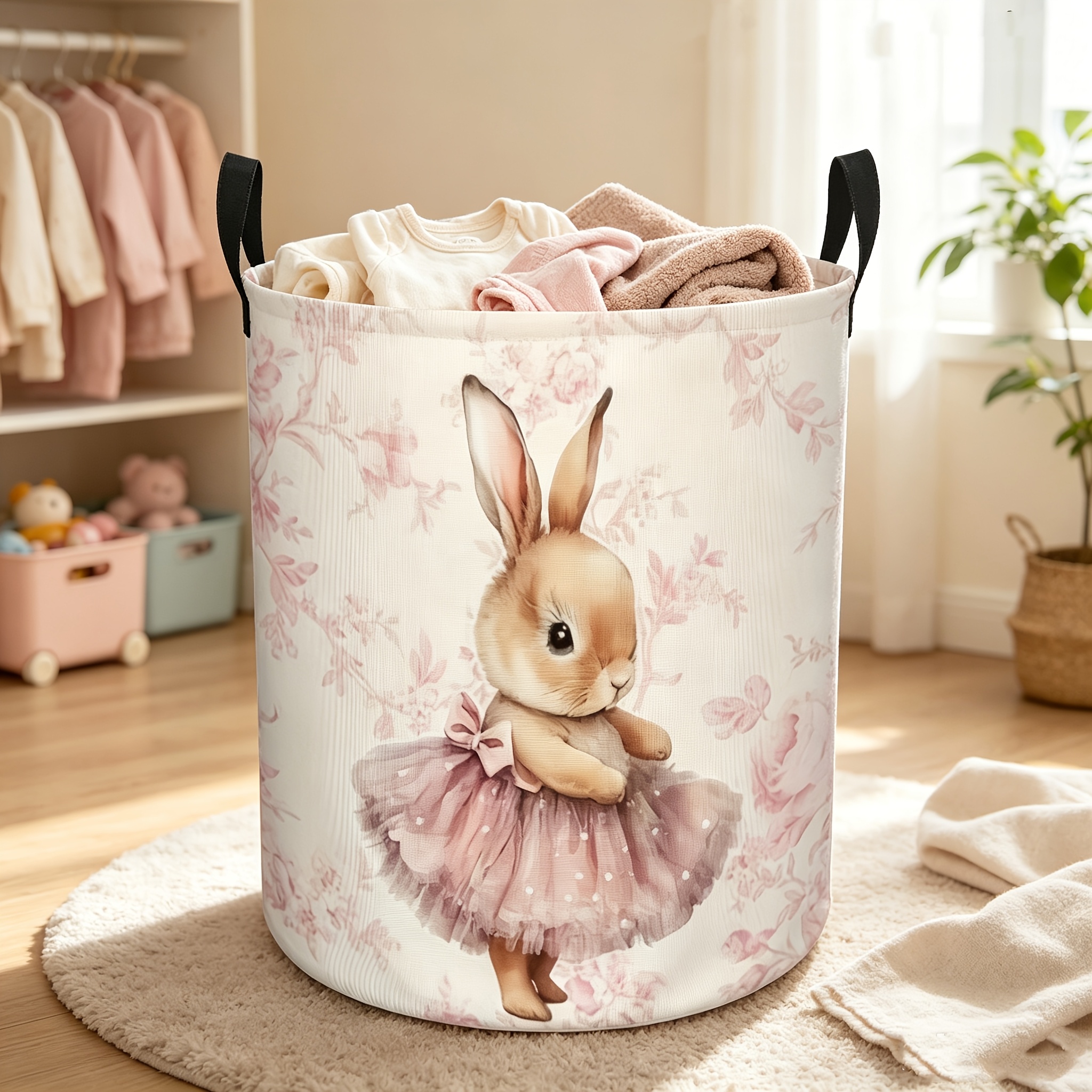TEMU 1 Easter Ballet Bunny Laundry Basket - Large Capacity Foldable Storage Bin With Handles, Durable Polyester Material, Pink , Perfect For Bedroom,