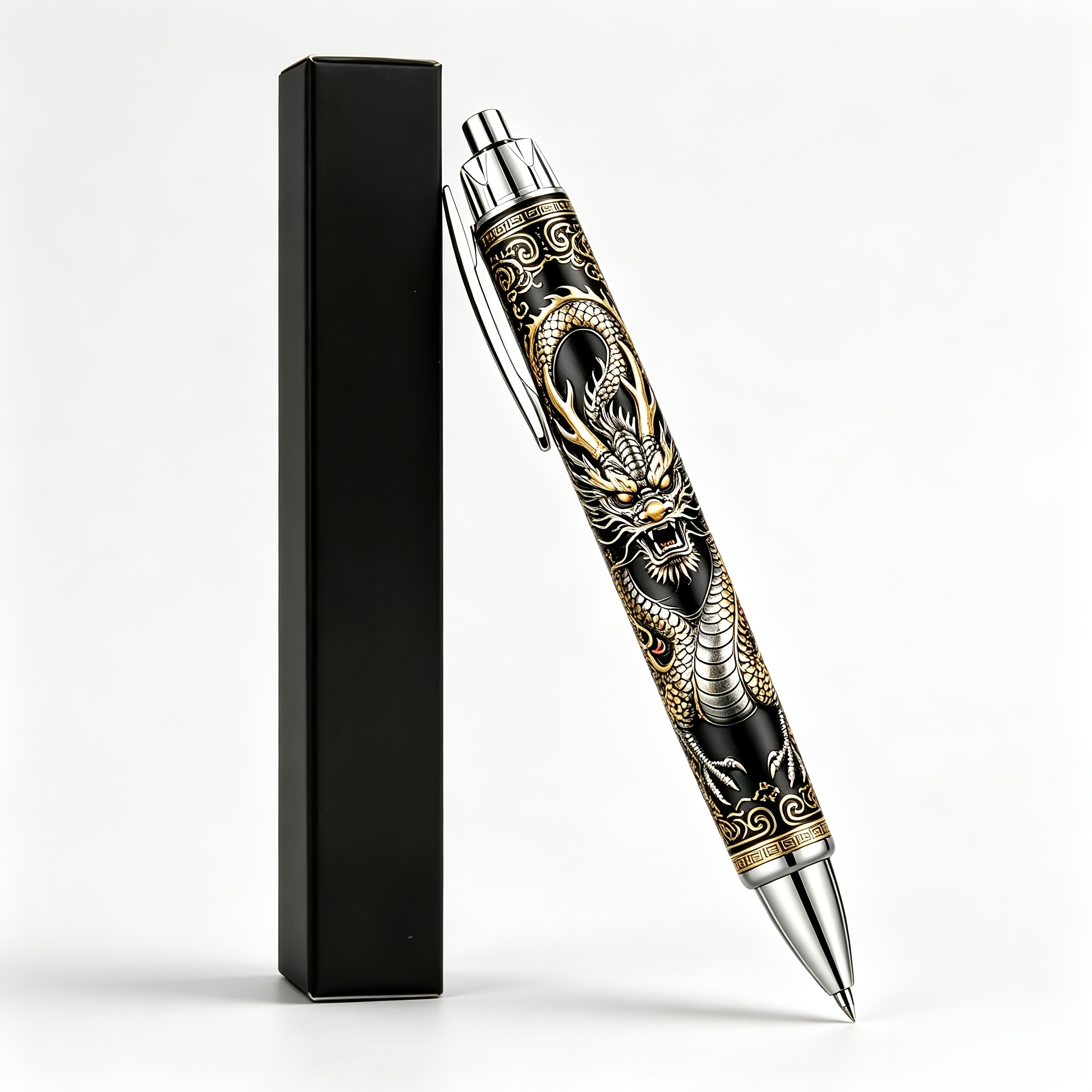 TEMU 1pc Dragon Theme Retractable Ballpoint Pen, Hd Vintage Dragon Print, With Exquisite Gift Box, Smooth Ink, Office School Stationery, Perfect