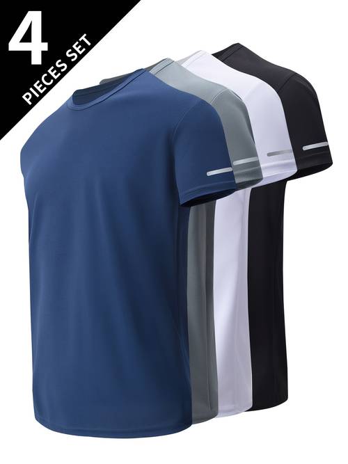 4pcs mens short sleeve t shirts breathable quick dry polyester crew neck casual in assorted colors shirts