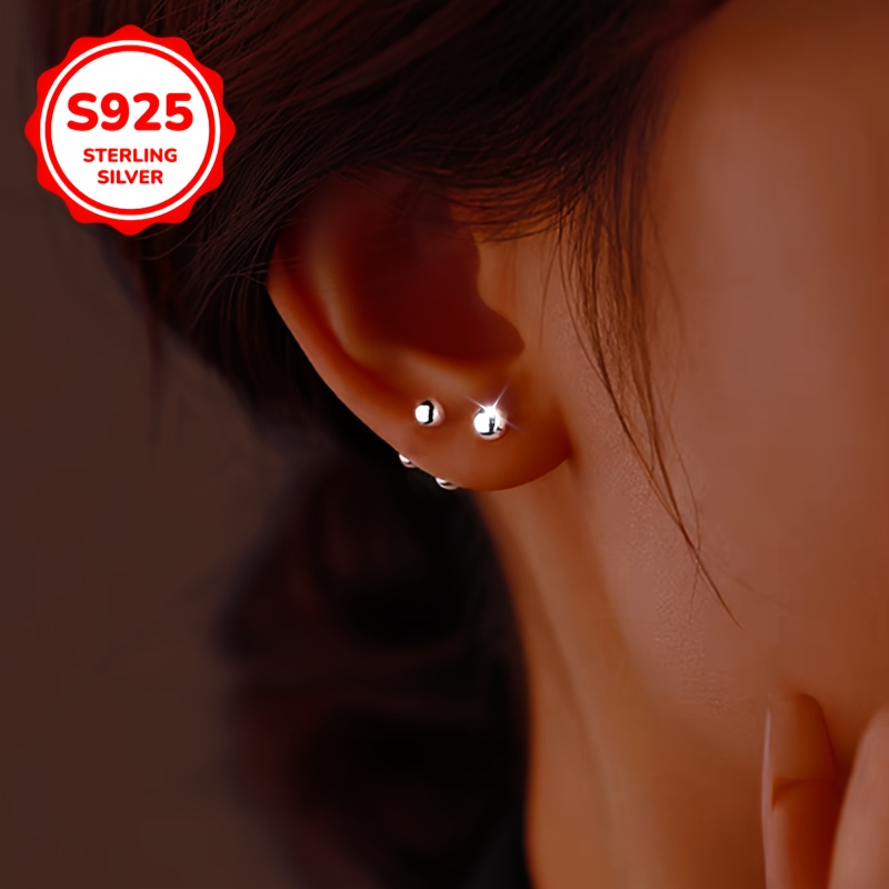 S925 Pure Silvery Double Headed Threaded Dumbbell Ear Studs