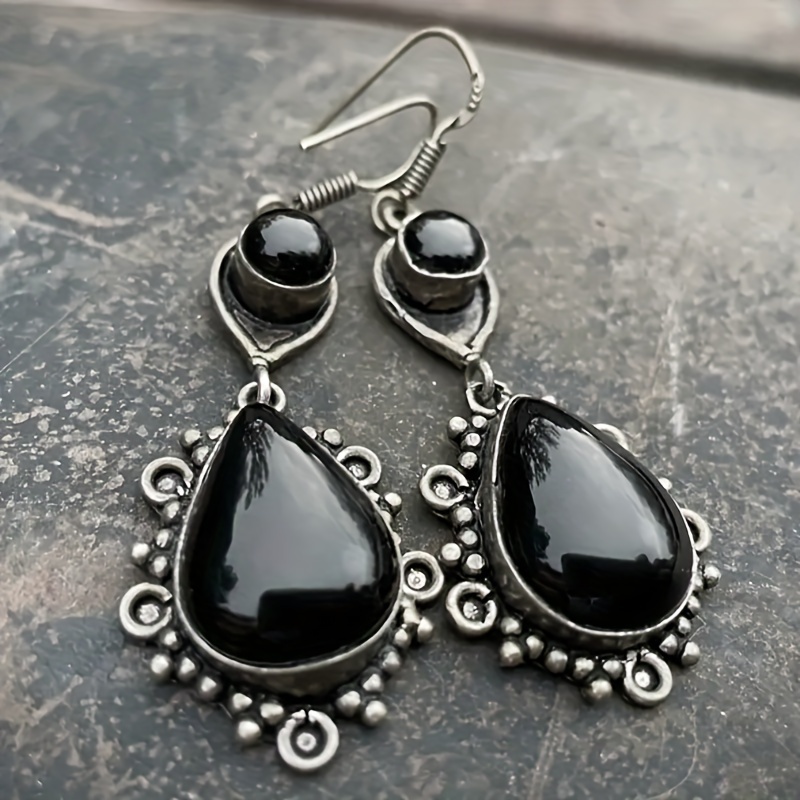 TEMU Vintage Tribal Black Stone Earring Indian Jewelry Geometric Triangle Hollow Drop Dangle Earrings