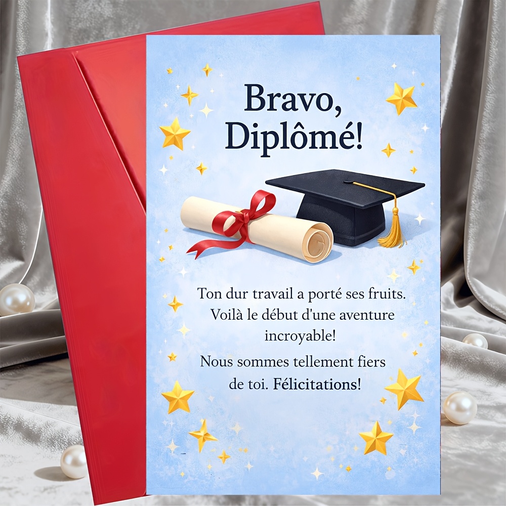 TEMU 1 Carte de vœux + 1 Enveloppe - Carte de félicitations pour de diplôme - Motif étoiles - en français pour diplômé de la part des parents, de ,