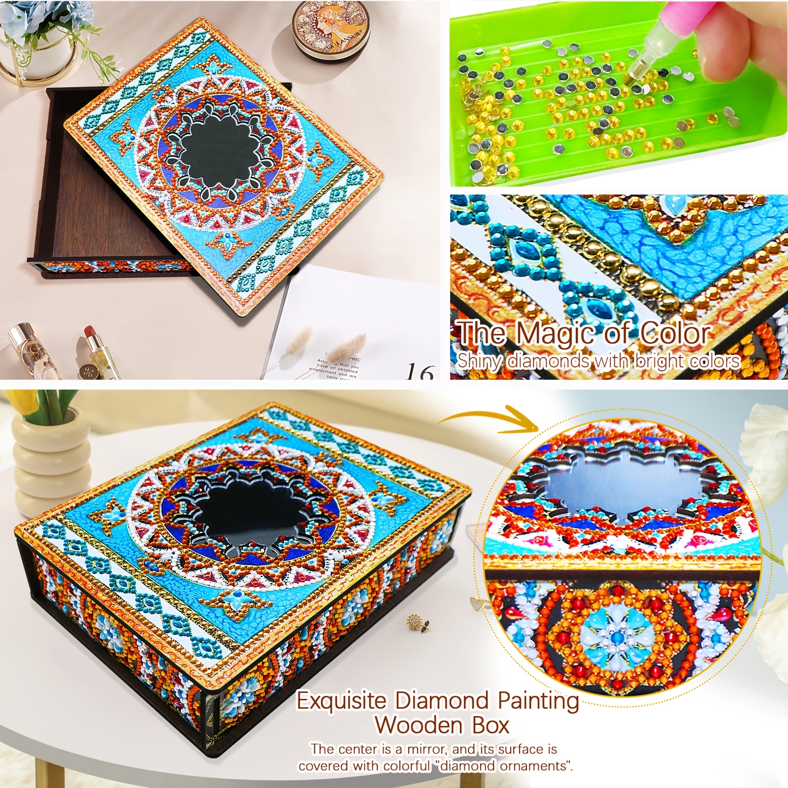 DIY Diamond Painting Kit with Mirror, Blue Mandala Wooden Storage Box