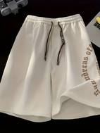 womens summer basketball shorts loose straight fit breathable casual sports design korean style foam print trendy heavyweight thin streetwear drawstring waistband beige with white basketball court detail elastic waistband comfortable for activities