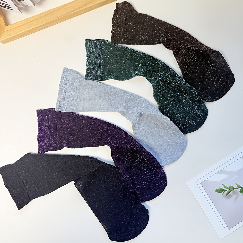 TEMU 5 Pairs Women's Spring Summer Style Thread Thin Shimmering High-elastic Short Mid-calf Socks