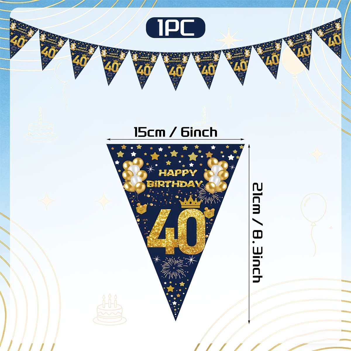 Image of 1pc, Blue Golden 40th Birthday Pennant Blue Golden Theme Party Decoration Pull Flag Birthday Party Decoration String Flag Pre-assembled Birthday Party Pull Flag Banner Decoration