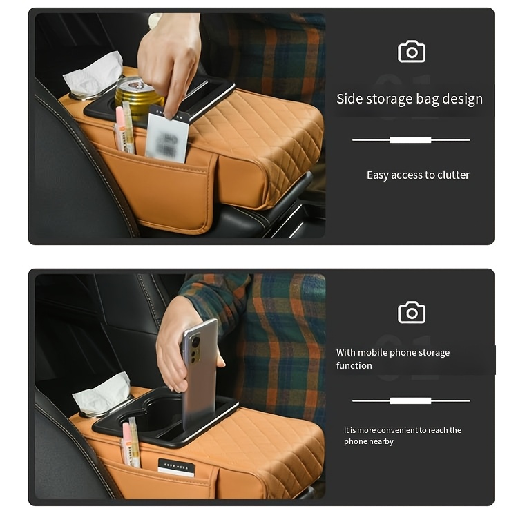 armrest box mat multifunctional universal armrest box cover with 2 side pockets and 2 cup holders heightened and expanded multifunctional storage box universal armrest seat box cover protective cover suitable for mobile phones bottles and cards internal accessories Product details 0