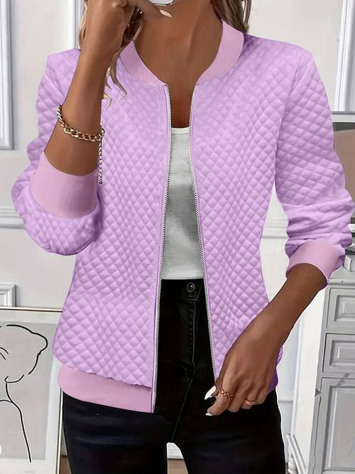 elegant casual womens jacket solid color textured fabric baseball collar long sleeve zipper detail fall 2025