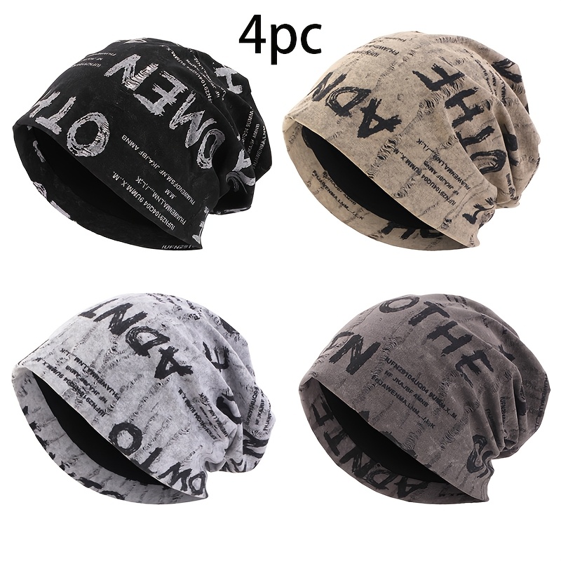 TEMU 4-pack American Trendy Beanie Hats, Distressed Letter Design, Versatile Slouchy Beanies For Men And Women