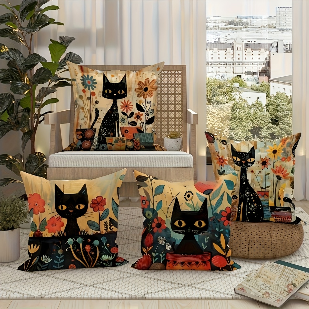 TEMU 4pcs Retro Pillow Covers, Black Floral Pattern, Double-sided Printed With Zipper, Cushion Cases For Living Room Bedroom Sofa Decor, No Insert