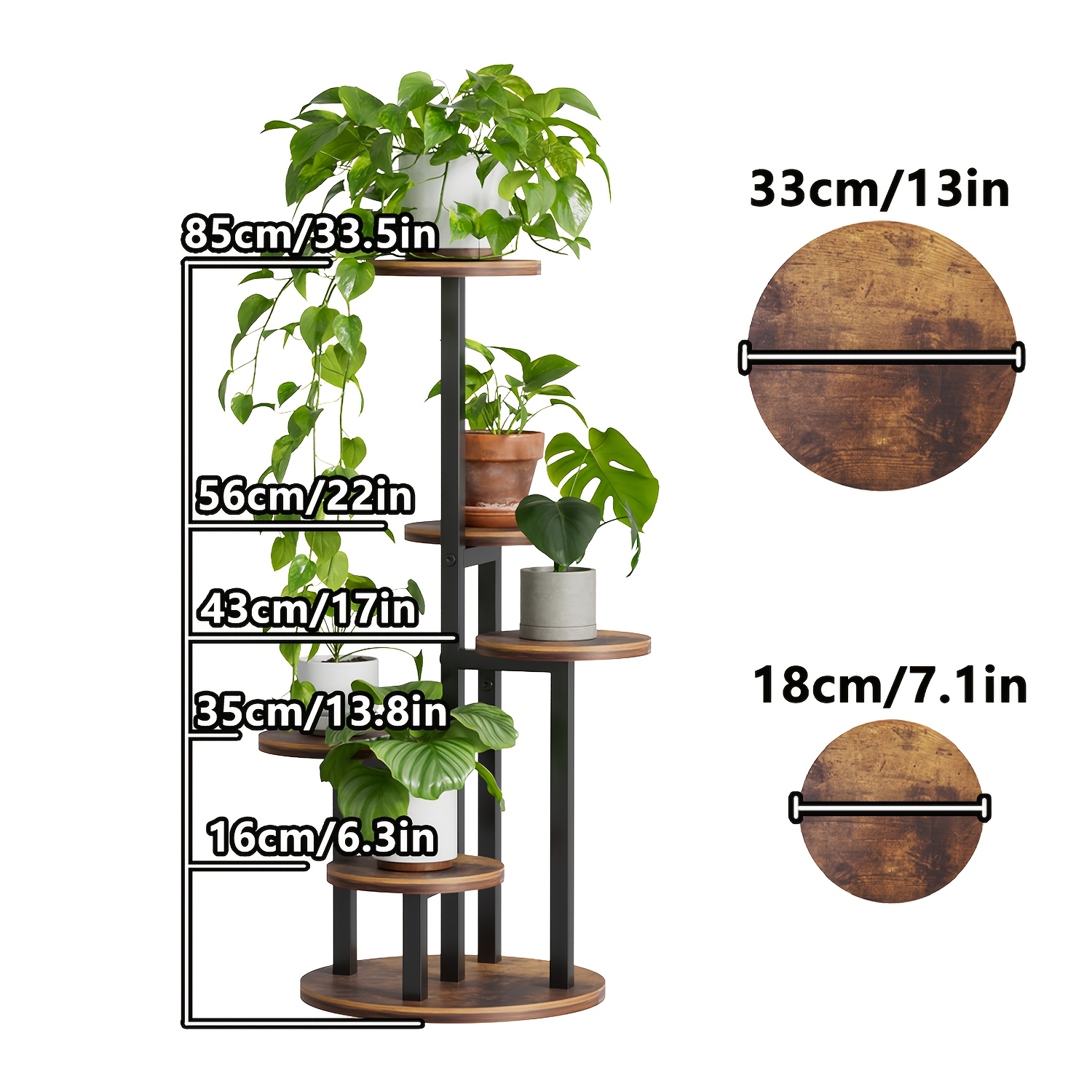83.82cm Vintage 3-Tier & 5-Tier Wood-Metal Combination Plant Stand - Round Succulent Flower Rack, Available in Small/Medium/Large Sizes, Suitable for Living Room, Bedroom, Kitchen, Office, Hallway - Rustic Brown