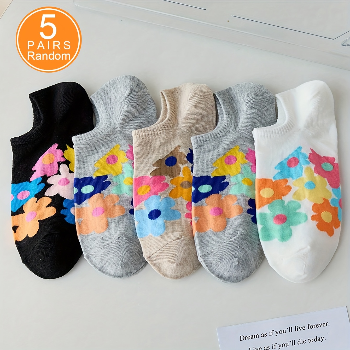 E-shop 5/10 Paar Damen Bootssocken, zufällig, mit Graffiti-Blumenmuster, einfarbig, niedrig geschnitten, für Frühling, Sommer Herbst, , vielseitig,