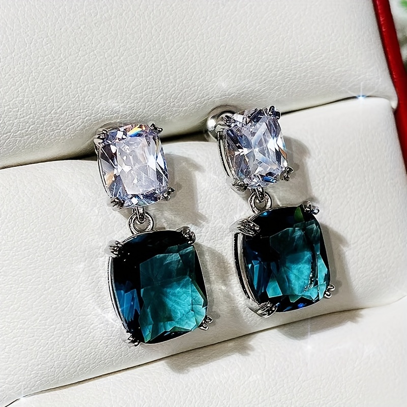 

New Ear Jewelry Oversized Fat Square Diamond Zircon Earrings Female Exquisite Peacock Blue Crystal Drop Earrings Suitable For Atmosphere High-end Exquisite Female Wear