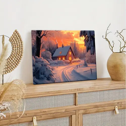cozy snowy cabin wall art with wooden frame winter scene canvas decor for living room kitchen or office high quality framed canvas print on white artist canvas office wall art warm atmosphere art canvas canvas wall art