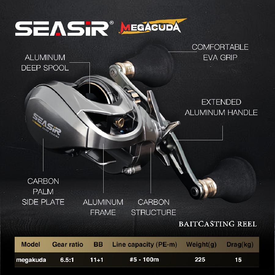 * Megacuda Metal Baitcasting Reel, Aluminum Frame Carbon Side Jigging Reel,  Max Drag 33.07LB, 11+1BB, 6.5:1 Gear Ratio, Metal Ball Grip Saltwater