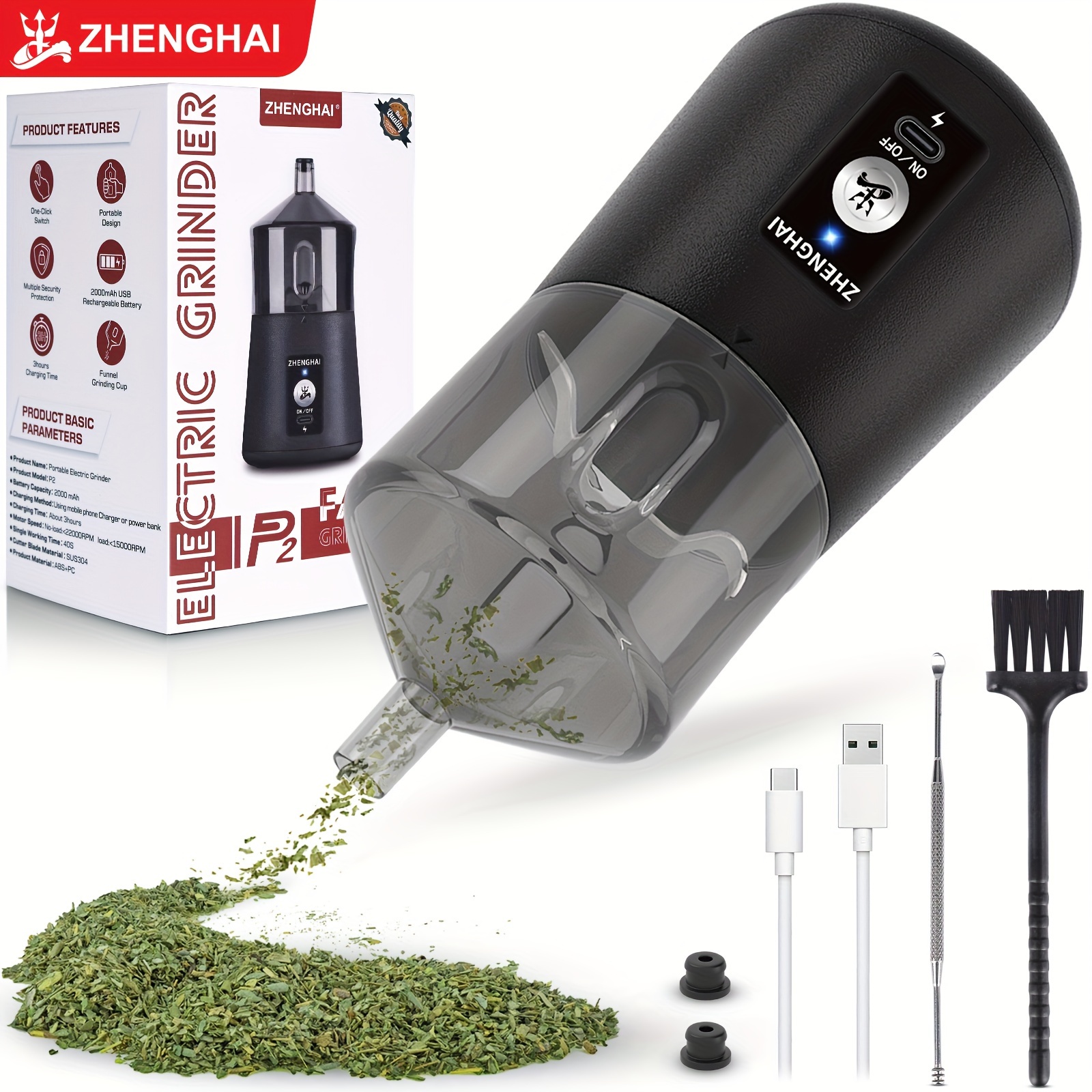 automatic tobacco grinder * P2 Electric Herb Grinder, USB-C Rechargeable, Dual * for Automatic And *  Grinding *-Grind-Dispense, Stainless Steel * Compact And Portable Design  with Cleaning Brush