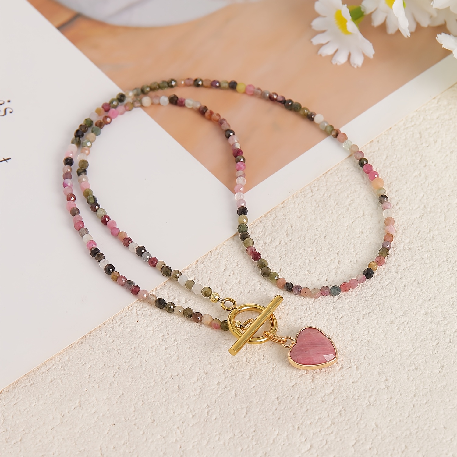 TEMU 1pc Elegant Minimalist 3mm Colorful Agate Heart-shaped Pendant Women's Necklace With Golden Ot Clasp, Jewelry, Simple Layered Design Handmade