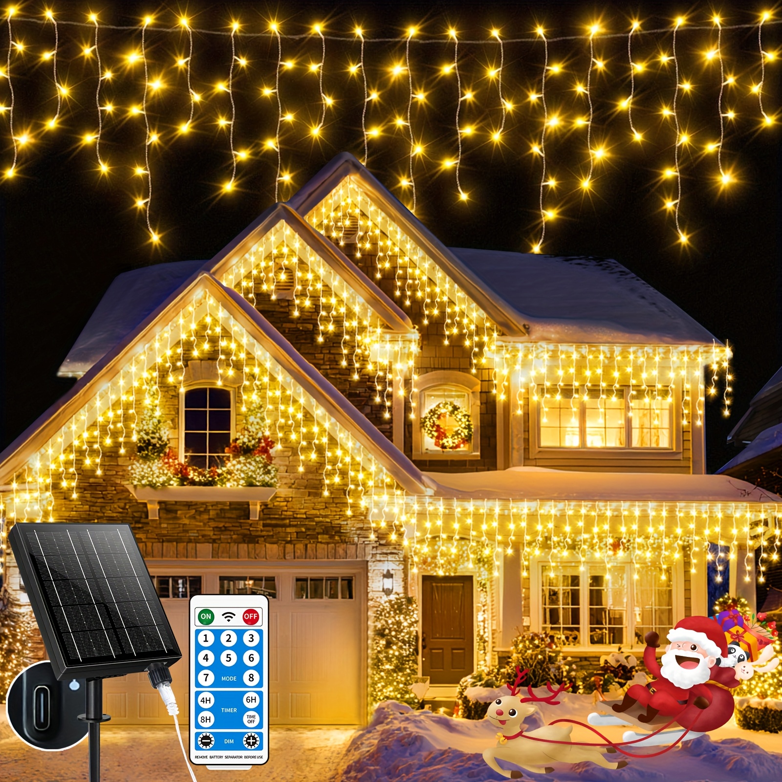 Image of Engineering Solar Icicle Lights Outdoor 82.5ft 20m+5m 660led 2500ma Outdoor Christmas Fairy Light String 8 Timed Remote Control Flash Lights Suitable For Christmas Roof Party Wedding (warm Light)