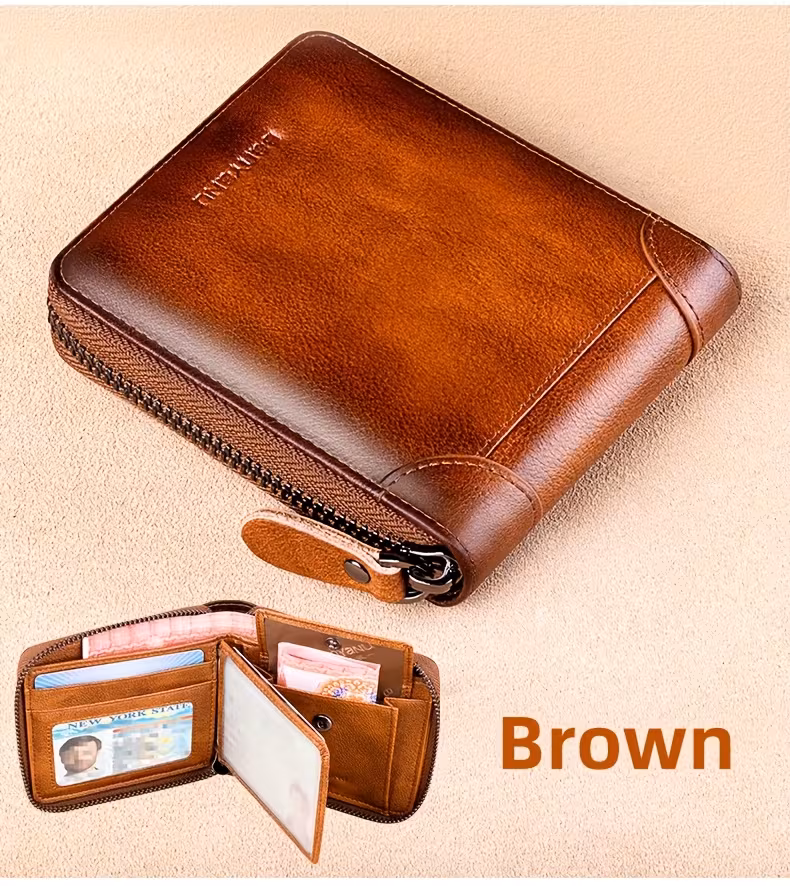 retro de cuero para hombre con cremallera, gran capacidad, plegable, múltiples ranuras para tarjetas y monedas, regalo ideal para o san valentín, 8 espacios para tarjetas Detalles del producto 7