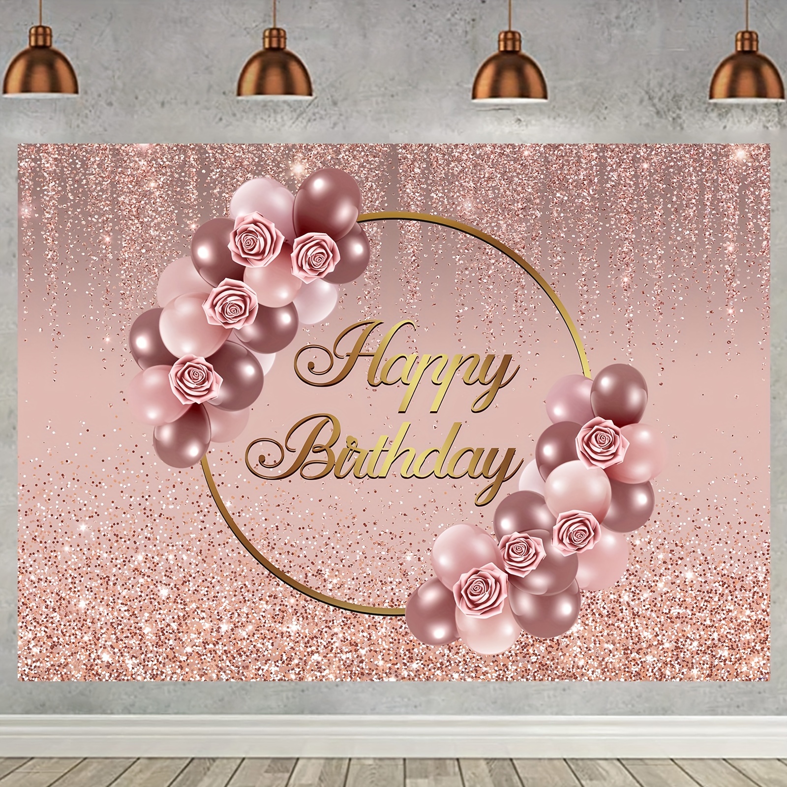 

1pc 7x5ft Rose Golden Happy Birthday Backdrop Golden Floral Balloon Rose Golden Bokeh Photography Background Women Sweet Princess Birthday Party Dessert Cake Table Decor Props Banner Decorations