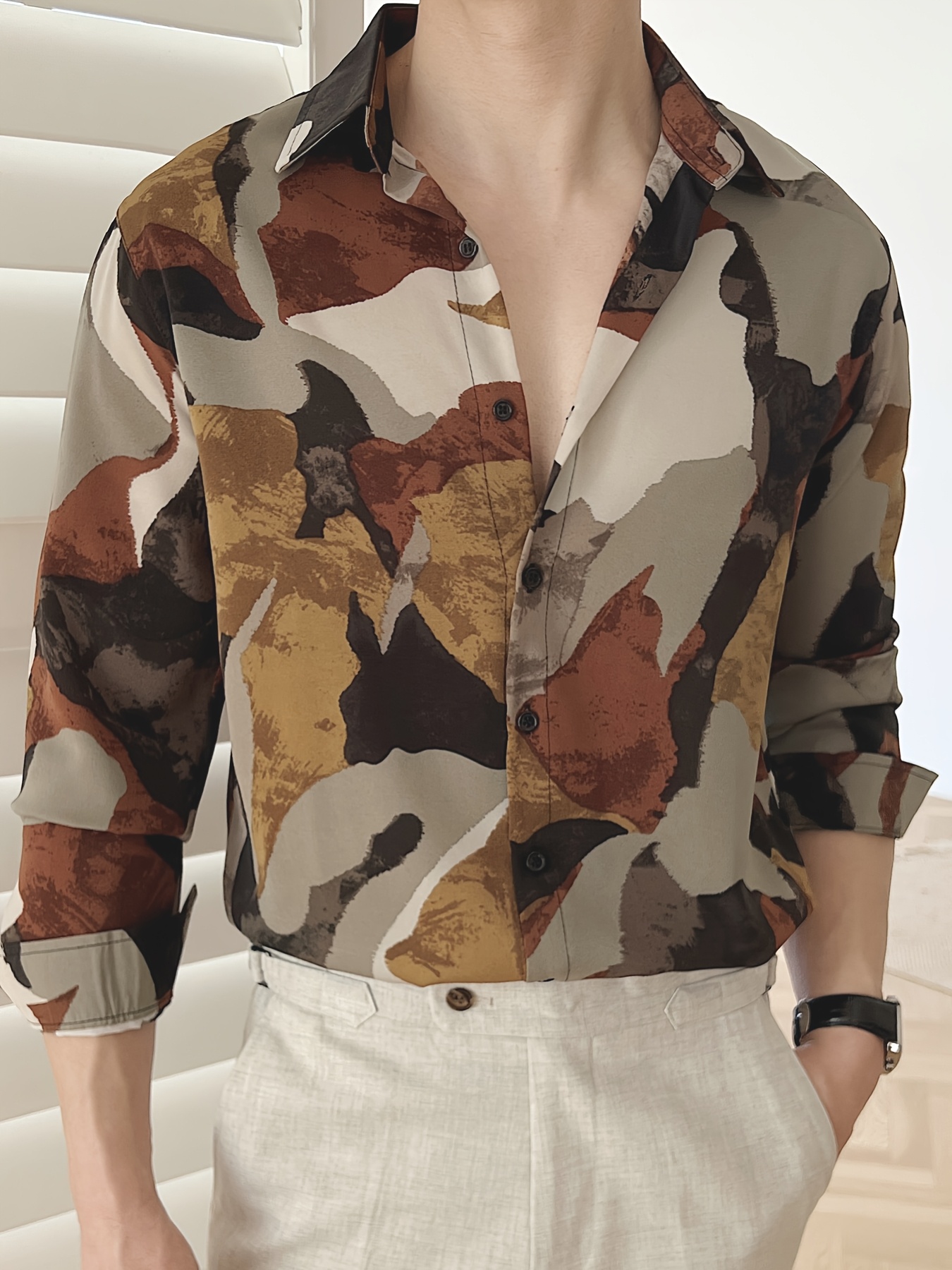 Men'S Casual Summer Beachwear - Soft, Long Sleeve Button-Up Shirt with Camouflage Print, Lightweight Polyester, Perfect for Vacation or Leisure Activities, Vacation Clothing | Stylish Casualwear | Soft Texture Shirt