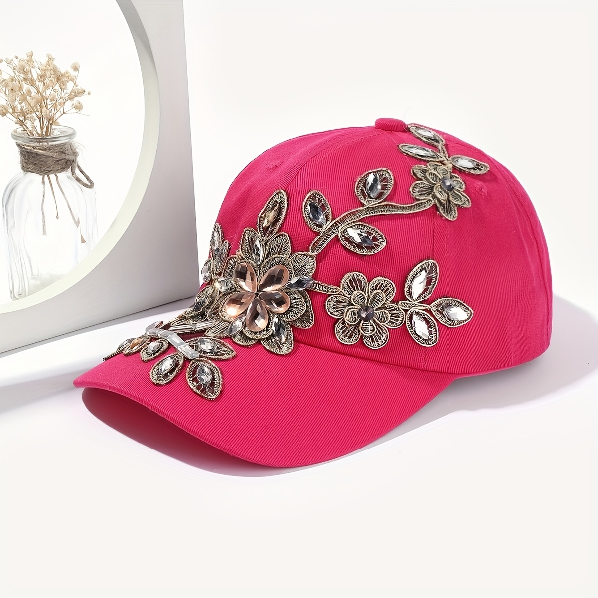 TEMU 1pc Women's Hat, Spring/summer Handmade Applique Rhinestone Baseball Cap, Casual Versatile Fashion Duckbill Cap, Outdoor Vacation Hat. Glue Gun
