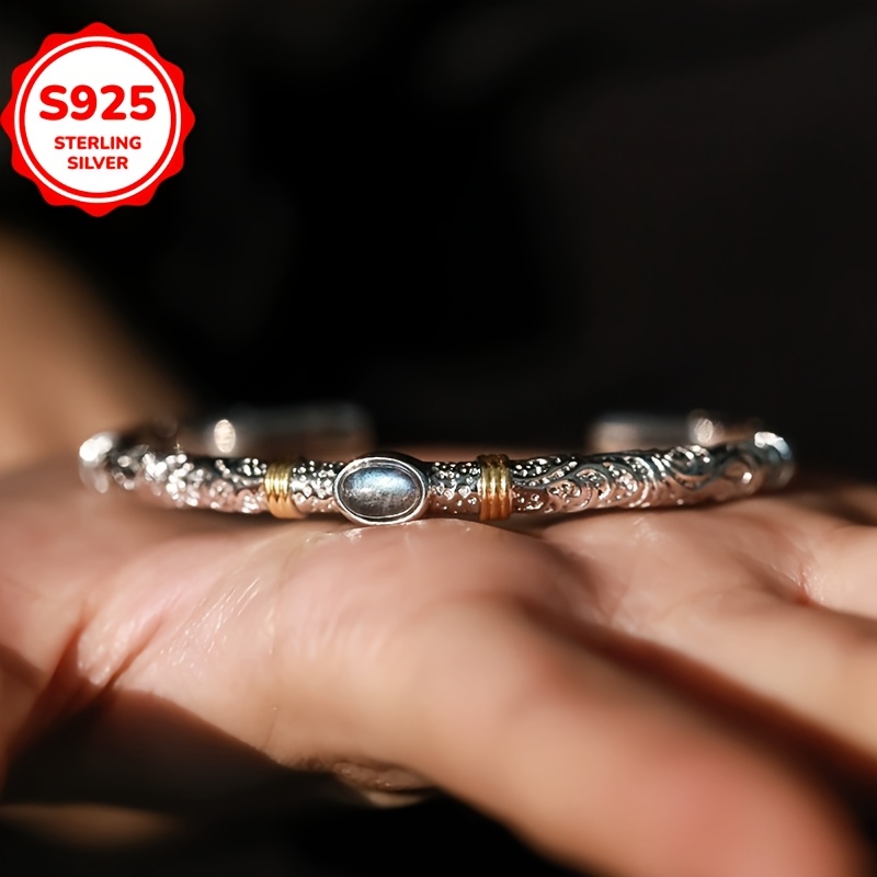 925 Hypoallergenic Retro Block Kufic Pattern Open Bangle