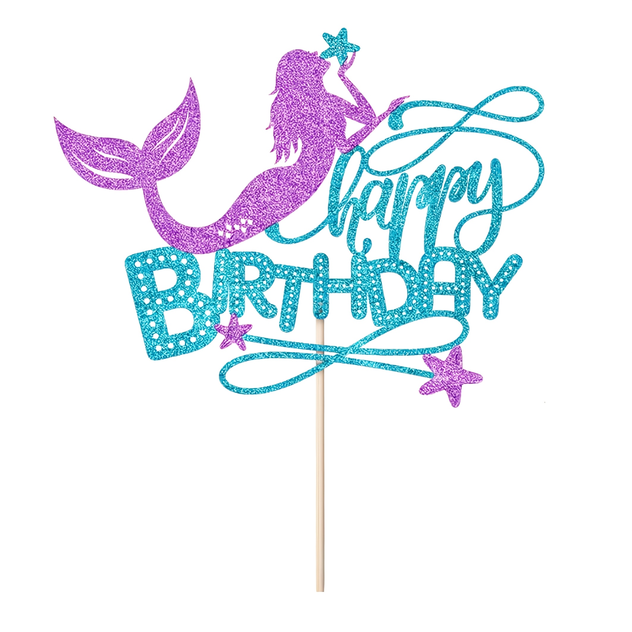 Image of 1pc And Purple Glitter Mermaid Happy Birthday Cake Topper - Mermaid Cake Topper, Under The Sea Themed, Baby Shower Birthday Party Supplies