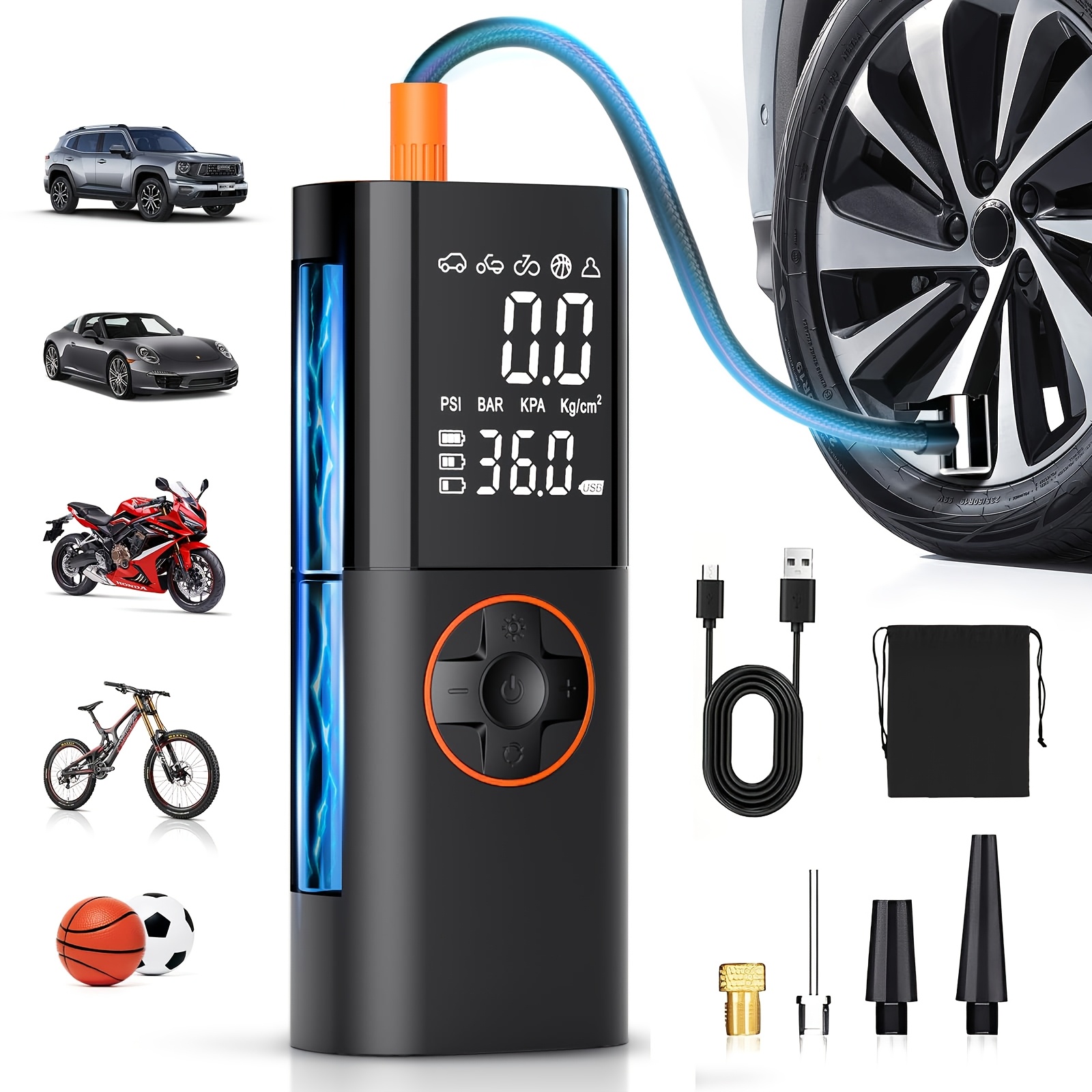 TEMU Tire Inflator Portable Air Compressor, 150psi Cordless Tire Inflator, 3x Faster Electric Air Pump With Pressure Gauge Led Light For Car, Bike,