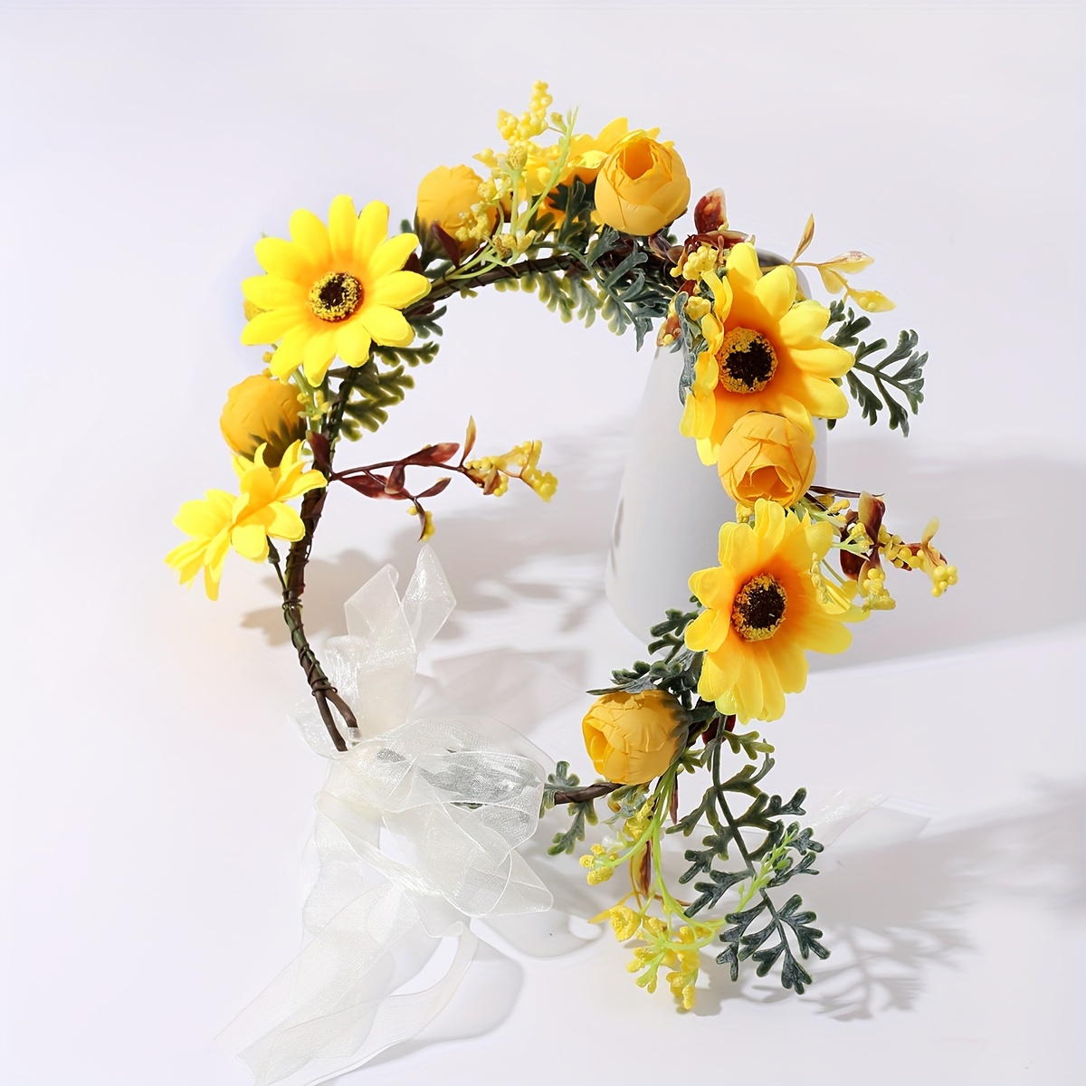 TEMU 1pc Bohemian Yellow Sunflower Flower Garland Headband With Bow & Ribbon - Multicolor Flower For, Beach Weddings, Parties, Bridal, Summer