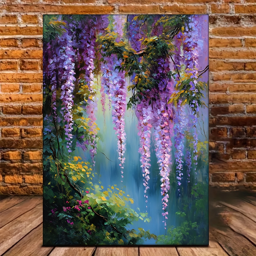 TEMU 2d Flat, 2d Flat 1pc Wisteria Hanging On Green Vines - Soft Purple And White Flowers In Vibrant Leaves, 30.48x40.64cm 2d Flat Hd Canvas Art,