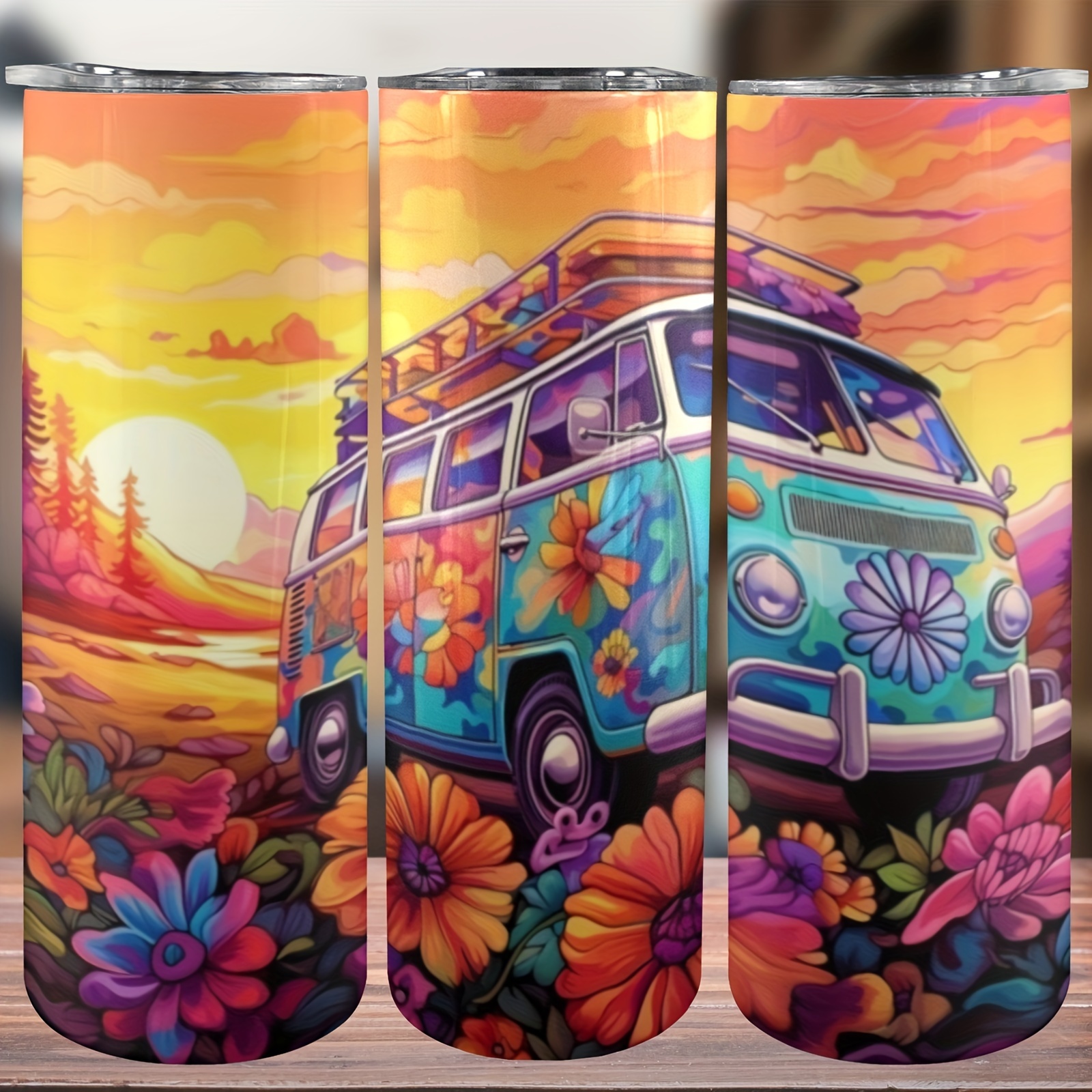 

20 Oz Stainless Steel Tumbler With Lid And Straw - Vacuum Insulated Travel Cup, Portable, 304 Stainless Steel, Independence Day Themed Van Design, Ideal For All-season Outdoor Adventures