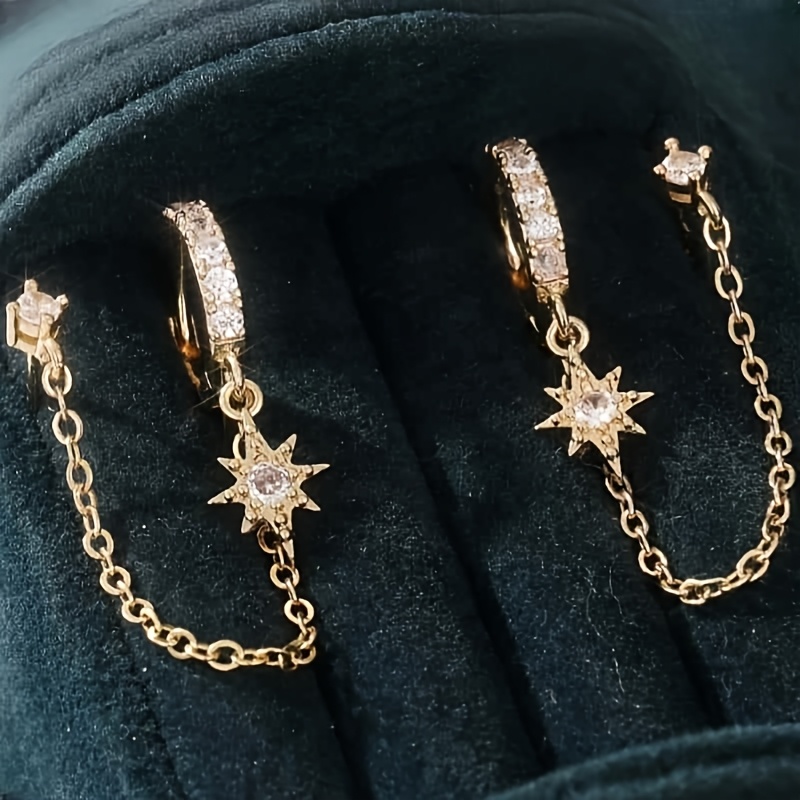 Image of International Chain Tassel Earrings, Women's Ear Studs And Earrings Double Perforated Rings, Rings, Synthetic Zirconia Earrings, Daily Earrings, Seasonal Gifts
