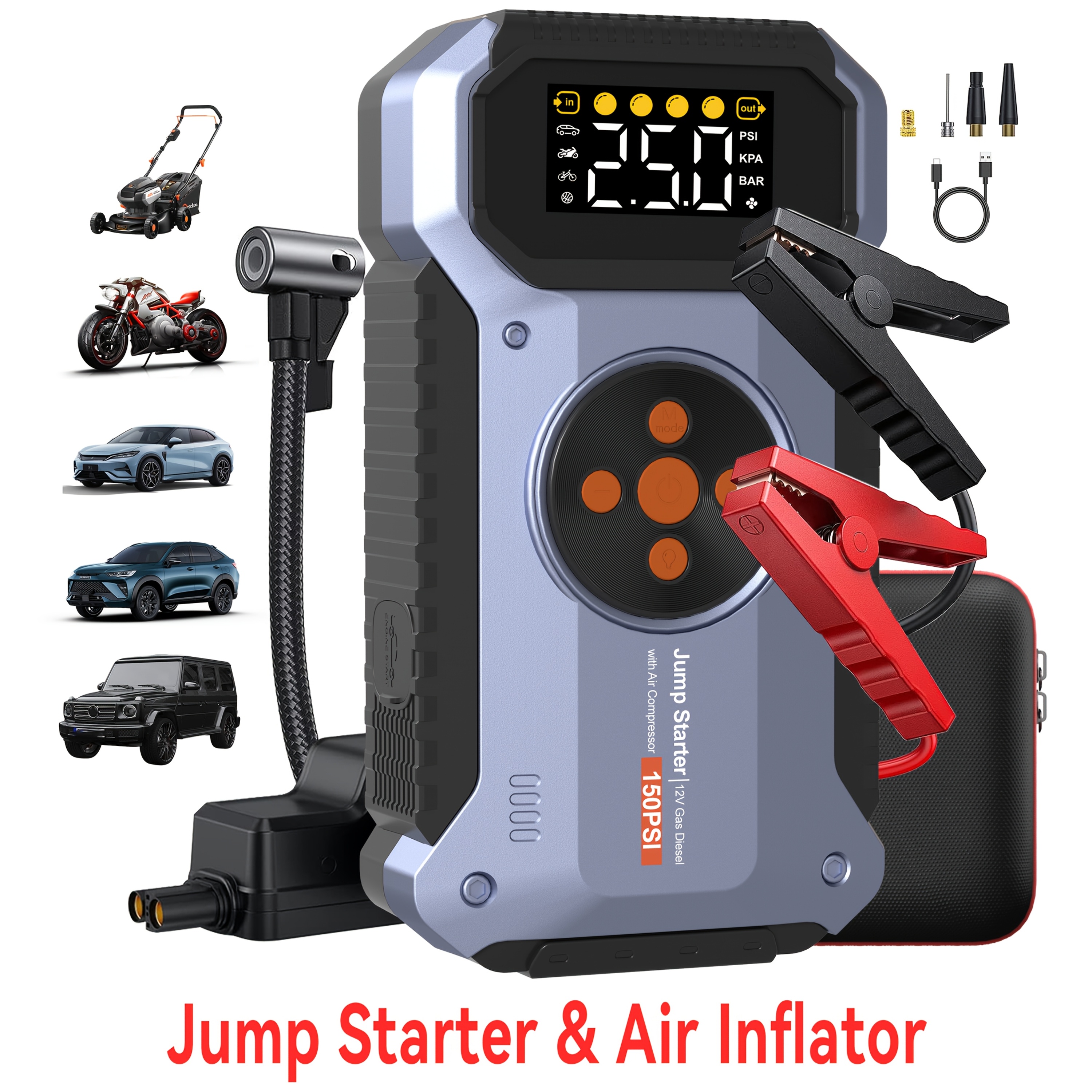 TEMU 6000a Car Jump Starter With Air Portable Jump Box, Starter Portable12v Carbattery Booster With 150psl Tiretire Inflator For 7.5l Gas/6.0l Enginescaremergency Kits, Jump Pack, Battery Charger