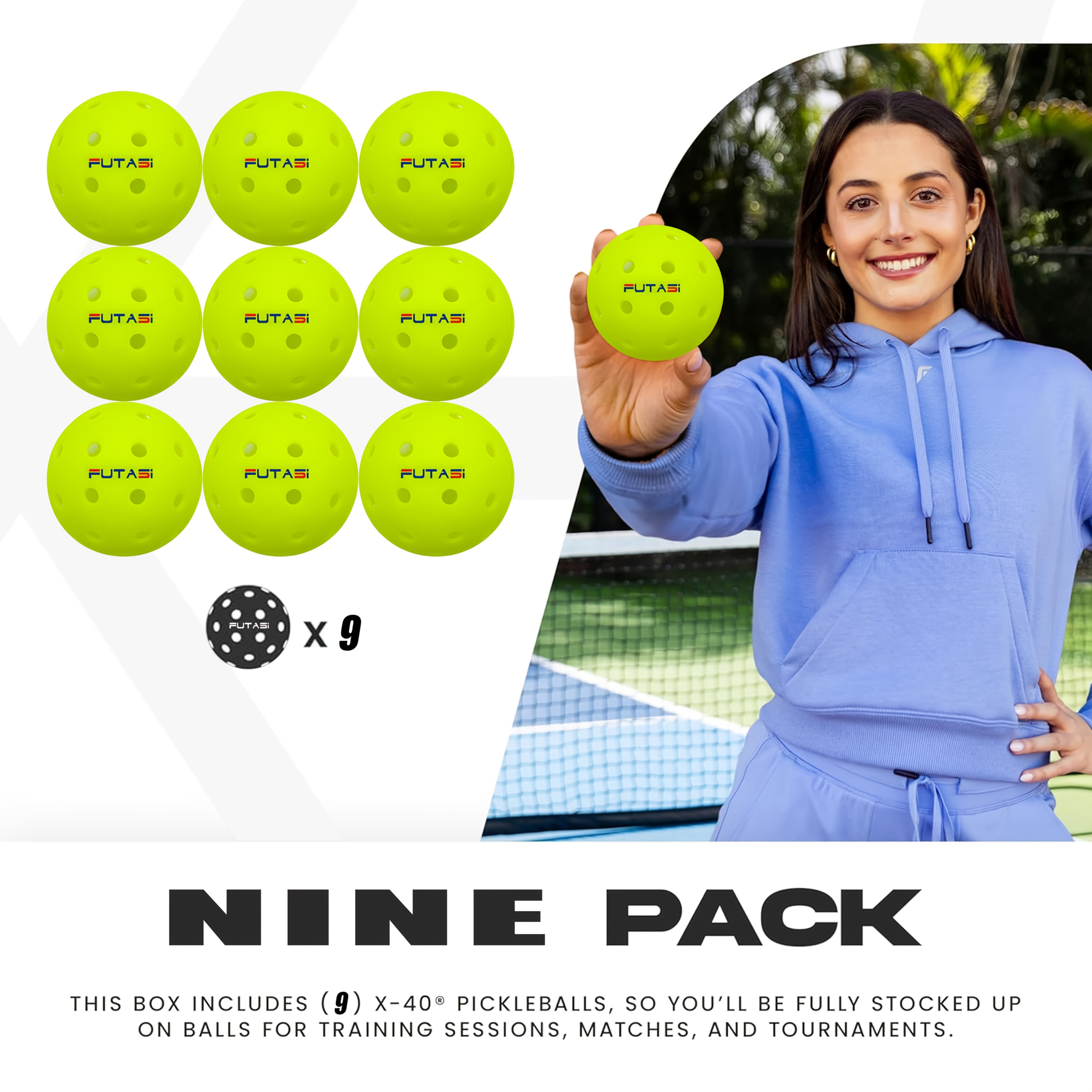 TEMU 9pcs 40-hole Pickleball Set, Featuring A Balanced Flight Trajectory And Tight, Reliable Spin For Consistent Performance. The Aerodynamic Design