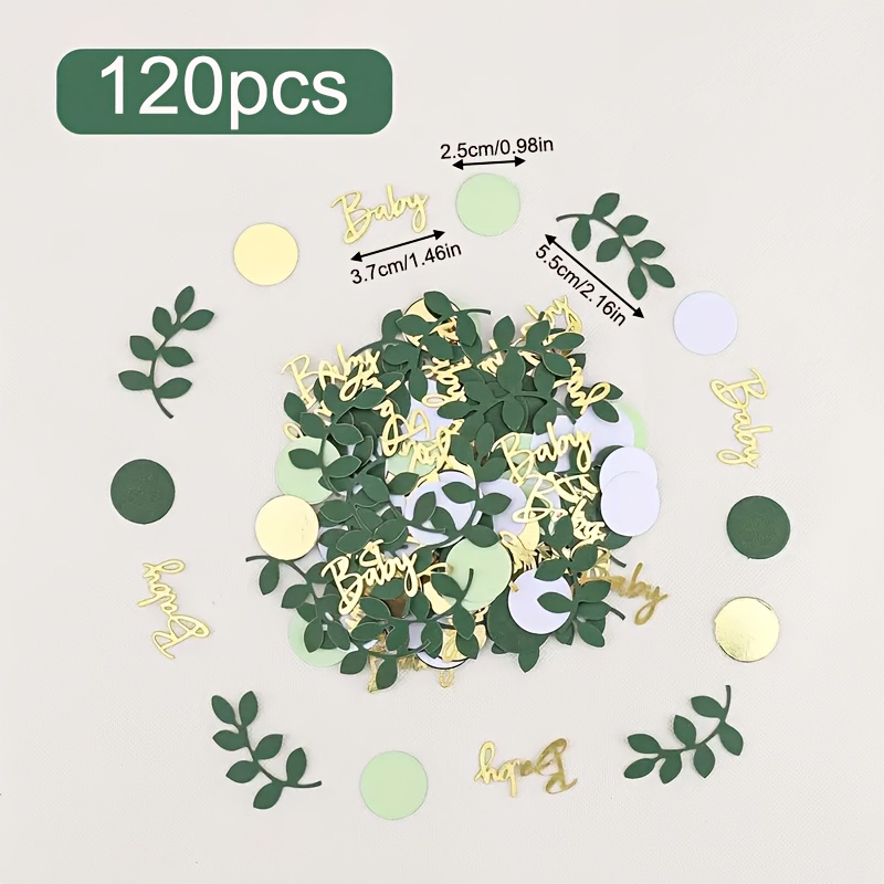 Image of 120pcs Greenery Shower Confetti Decorations Green Table Confetti Dots With Eucalyptus And Golden For Shower Gender Reveal Decor Confetti,for Christmas, Halloween