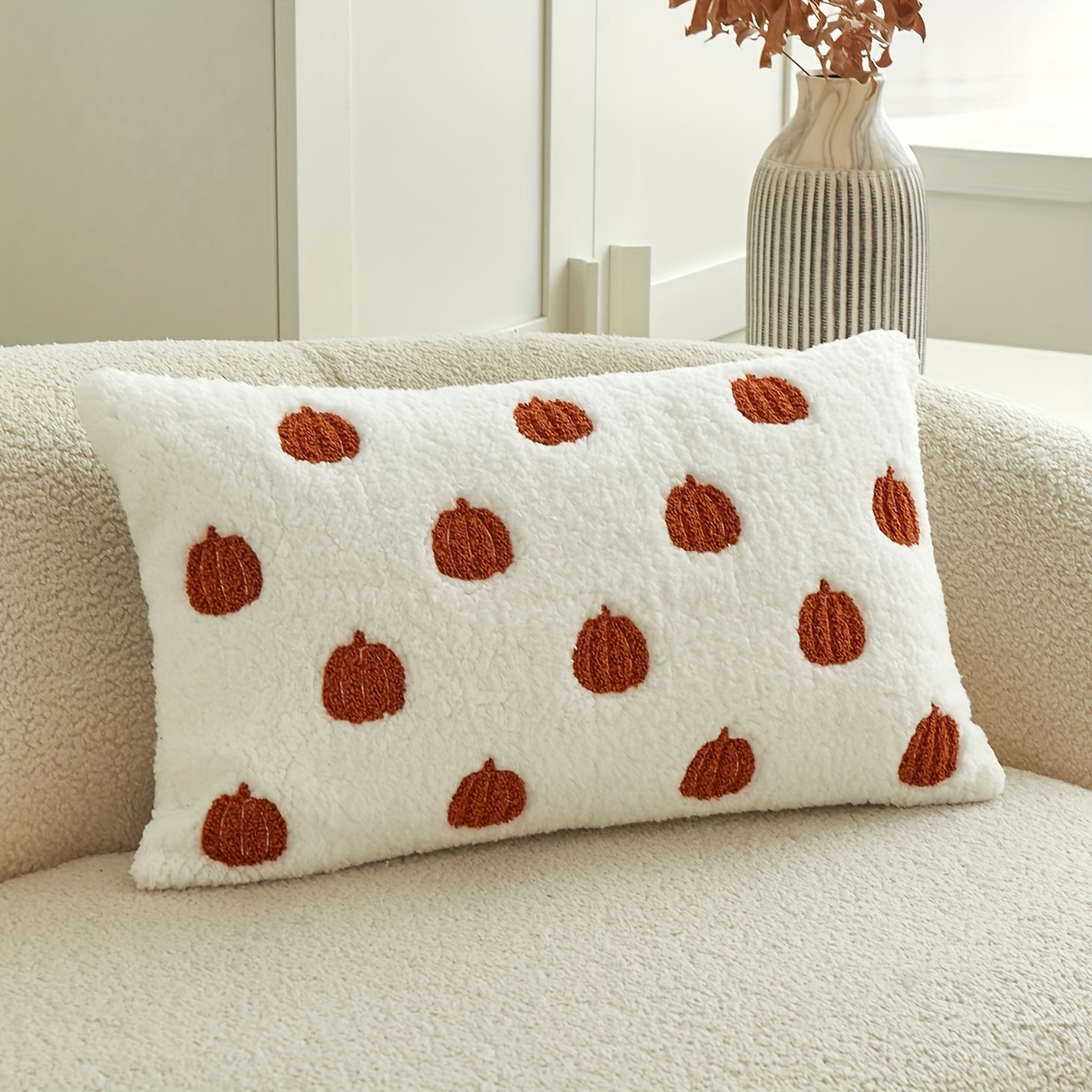 Commuting Fluffy Cloth Pumpkin 3d Embroidered Pillowcase, 1pc, Home Decor For Living Room, Indoor, Bedroom, Party