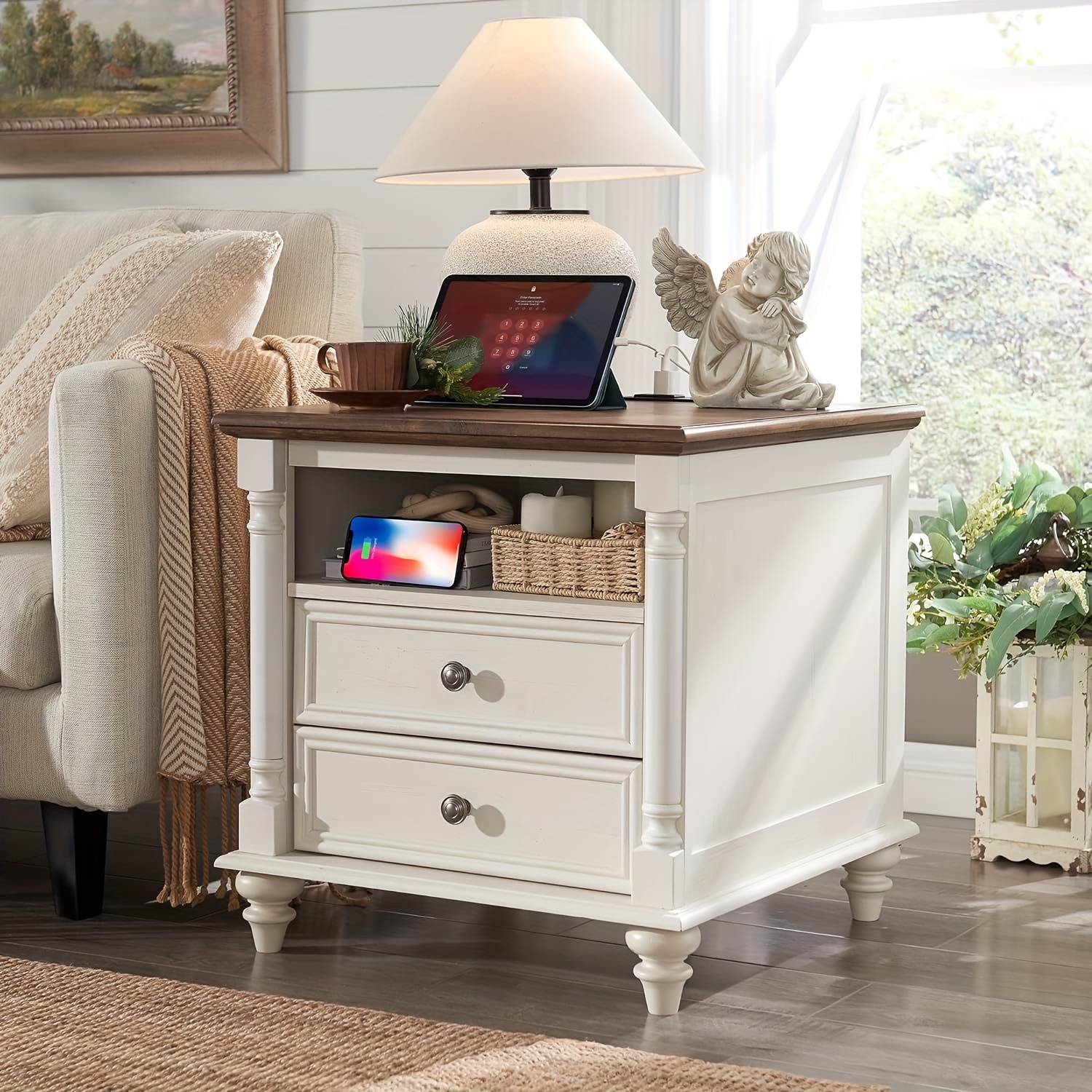 farmhouse end table w 4 solid wood feet large 2 drawers wide Temu