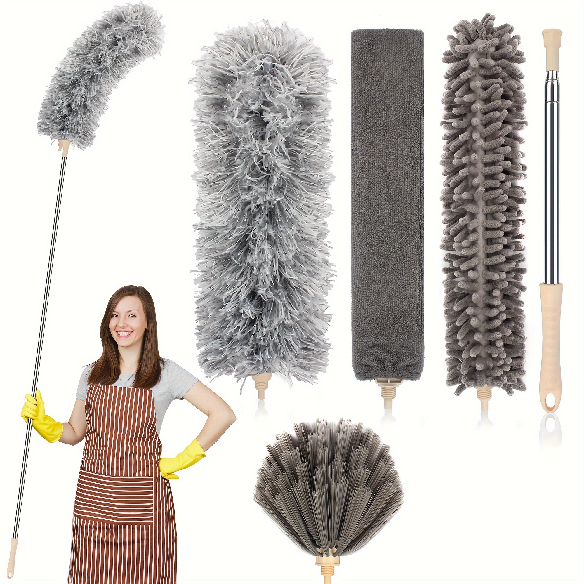 TEMU Sscp Ceiling Fan Cleaner Duster, 4pcs Brush Head 30-100 Inch Extendable Duster Cleaning Kit, Reusable Feather Duster With 1 Extension Pole For Furniture Car Grey