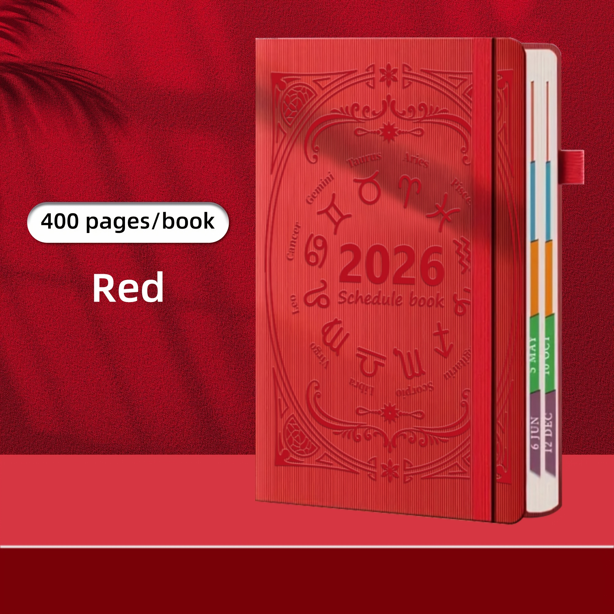 Image of 2026 New 12 Zodiac Calendar Planner Notebook, Punch Card Notebook, 400 Pages Pu Leather Hard Cover, Flat , Planner, Business Diary, Unisex Planner For Halloween, Thanksgiving, Christmas
