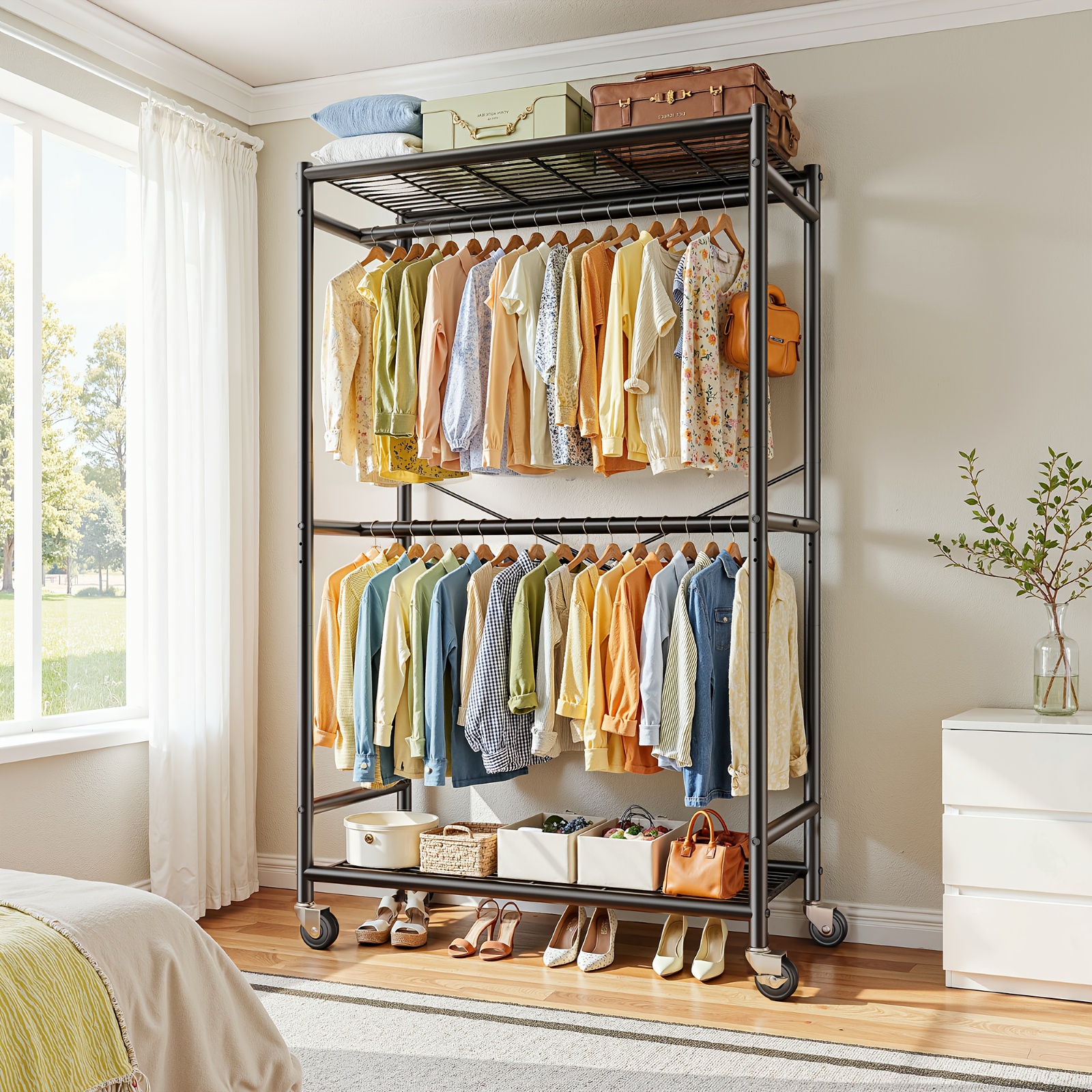 TEMU Heavy Duty Portable Clothes Rail, Sturdy Metal Clothing Rack With Adjustable , Large Capacity For Hanging Clothes, Mobile Storage Unit On Wheels