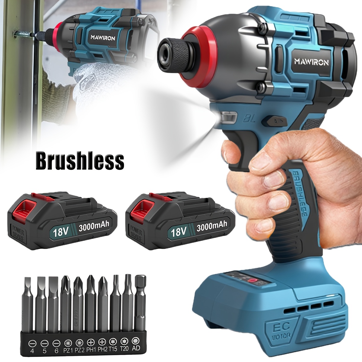 Image of Cordless Brushless Impact Driver, (0-3800rpm) Electric Screwdriver Drill, With Led Worklight, 2x 3000mah Battery And 10 Drill Bits For Home And Car
