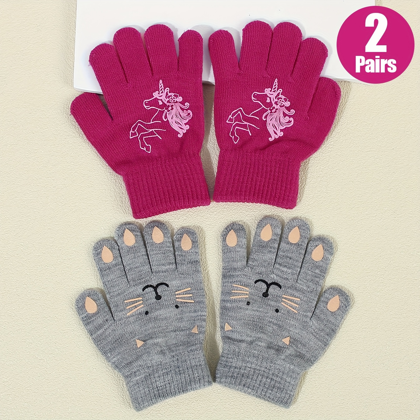 Image of Of Girls' Autumn/winter Cold-proof Split-finger Thermal Gloves, Cute Cartoon Animal Design Knitted Gloves, Suitable 3-8 Years