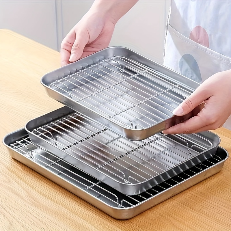 

2pcs Stainless Steel Baking Sheet And Cooling Rack Set - Medium & Large, Non-toxic, Heavy-duty, Easy To Clean - Grilling Meat & Chicken, Accessory For Holiday Cooking, Grill Accessories