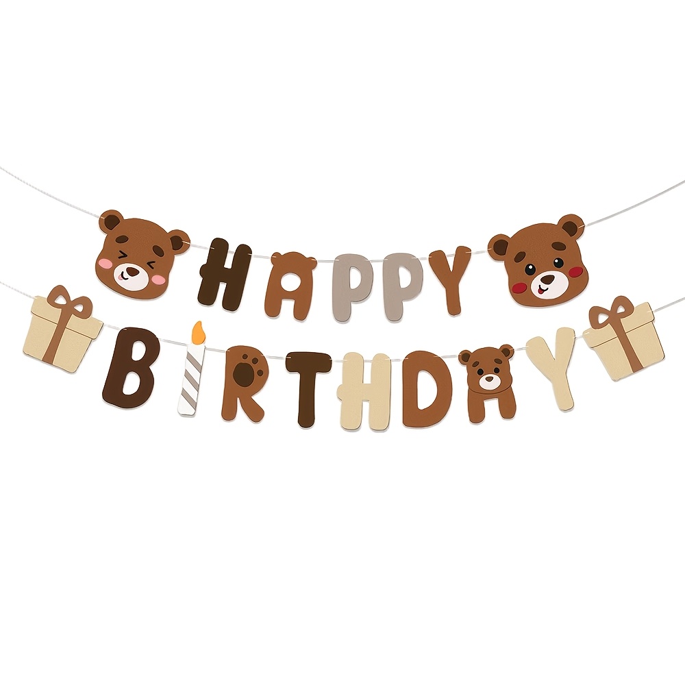 TEMU 1set,diy Cute Brown Bear Happy Birthday Banner, Retro Khaki Coffee Cartoon Gift Box Candle Print Hanging Party Bunting Flag For 1st Birthday,