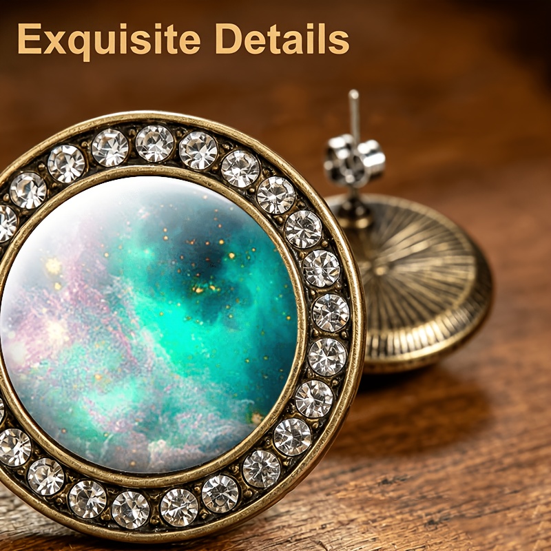 2pcs Transparent Glass Inlaid Stud Earrings Set, Circular Pattern