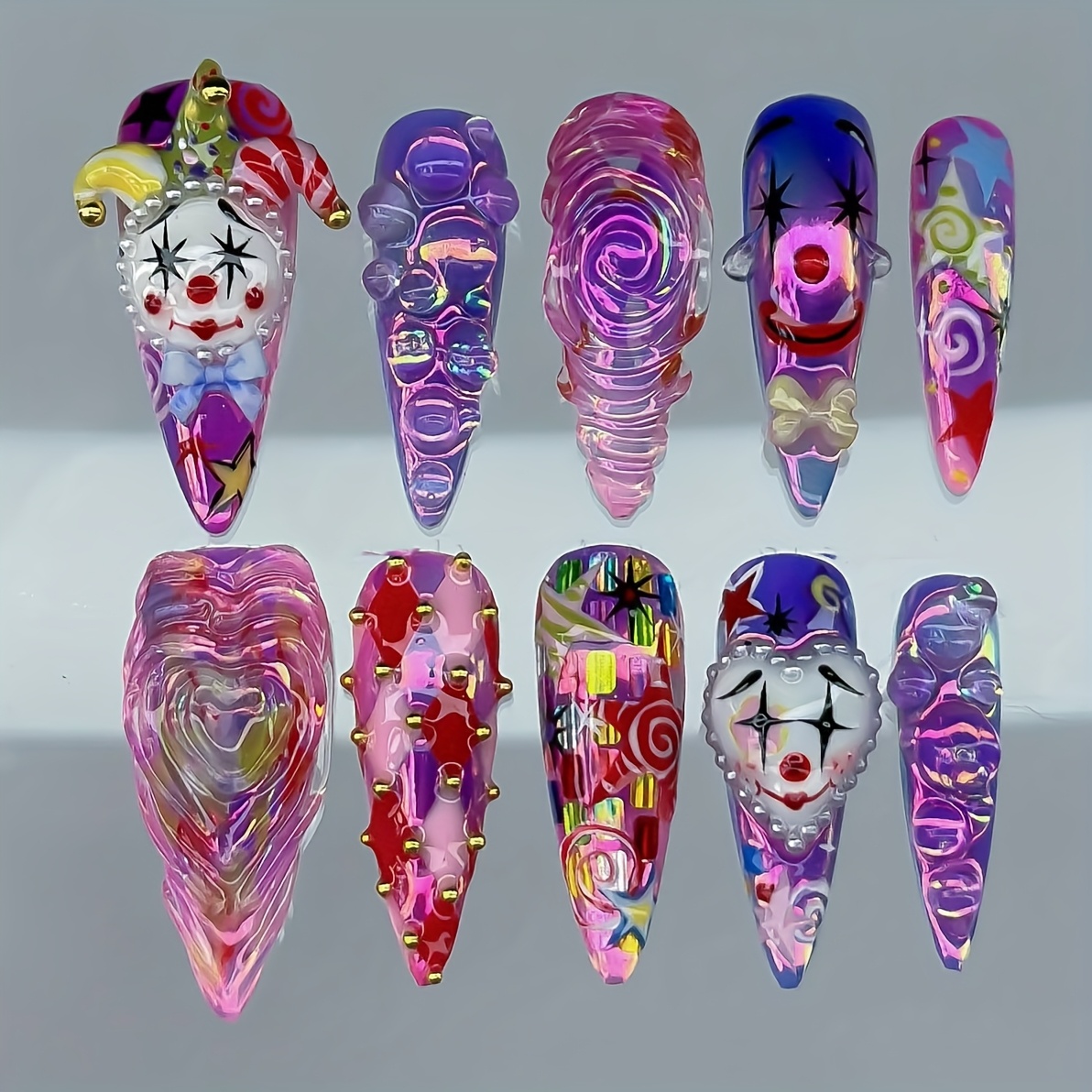TEMU Ten-pack Handmade Wearable Nails For Women Full Coverage Reusable Water Drop Long Pointed Extended 3d Bead Hand-painted Nail Art